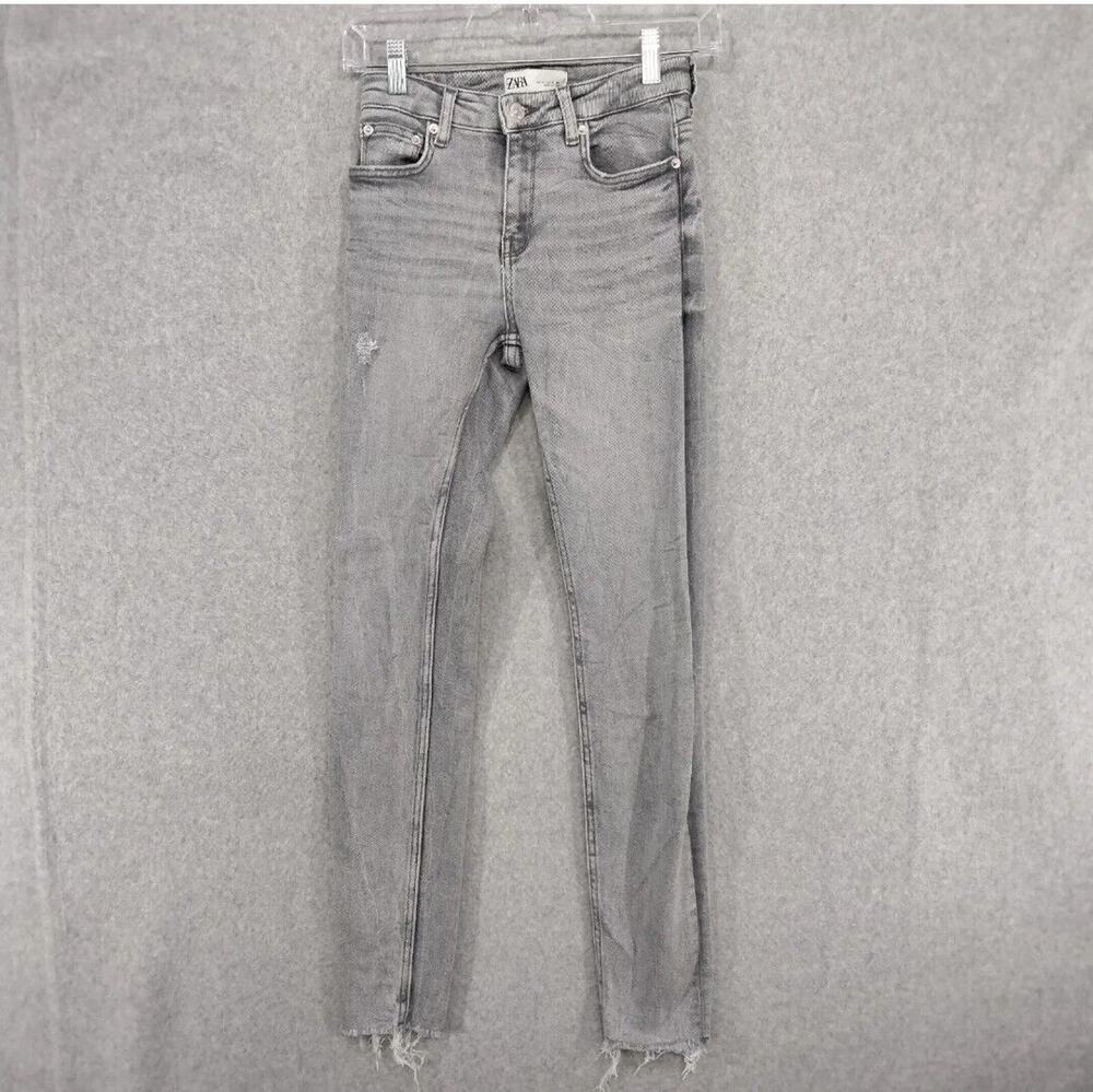 Zara Blk/Gry Wash Distressed Skinny Tapered Frayed Denim Jeans Women's S B25 (1)